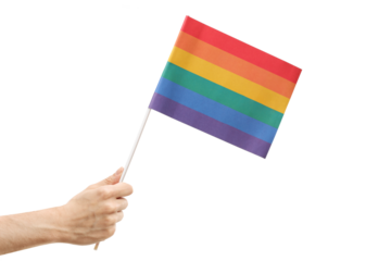 Male hand holding a rainbow flag
