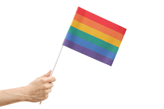 Male hand holding a rainbow flag