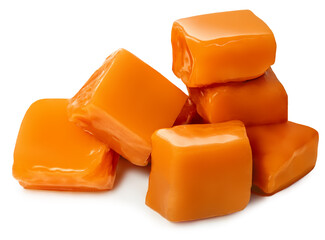 Sweet Caramel toffee cubes with caramel sauce isolated on a white background close up. Candy...