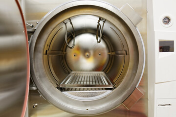 An autoclave chamber used for the sterilization of liquids and solids at high temperature and pressure.