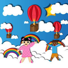 Cut out paper vector illustration with children on clouds, a rainbow, a balloon and the sun in a blue sky. The concept of World Children's Day.