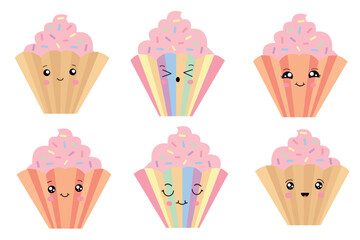 Set of delicious cupcakes in kawaii style. Dessert vector illustration design.