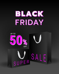 Black Friday 50 percent off super sale banner template with black shopping bag objects on dark background. Violet and white text lettering. Realistic vector illustration.