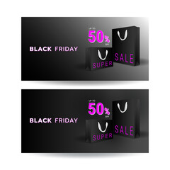 Black Friday 50 percent off super sale banner template with black shopping bag objects on dark background. Violet and white text lettering. Realistic vector illustration.