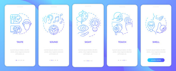 Sensory receptors in advertising blue gradient onboarding mobile app screen. Walkthrough 5 steps graphic instructions with linear concepts. UI, UX, GUI template. Myriad Pro-Bold, Regular fonts used