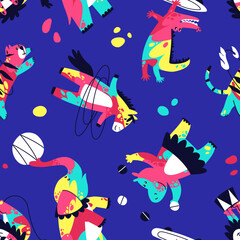 Fototapeta na wymiar Seamless pattern of circus animals painted with multi-colored bright paints. Animal tricks with circus items. Crocodile, tiger, lion, elephant, horse, hippopotamus. flat vector illustration