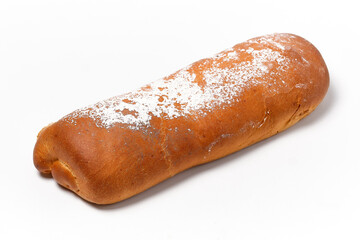 sweet roll with powdered sugar on white background