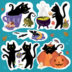 Vector set of illustration for halloween celebration with pumpkins, black cats, bats, mystical things. Background for fabric, wallpaper, design. Children's illustration.