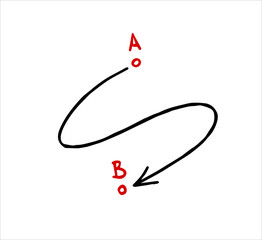 Direction line of path. Strategic movement and route. Relocation of dotted arrow and point A to point B. Scheme and plan