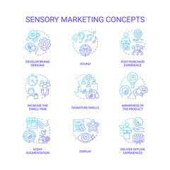 Sensory marketing blue gradient concept icons set. Appealing to customer senses idea thin line color illustrations. Brand development. Isolated symbols. Roboto-Medium, Myriad Pro-Bold fonts used