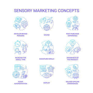 Sensory Marketing Blue Gradient Concept Icons Set. Appealing To Customer Senses Idea Thin Line Color Illustrations. Brand Development. Isolated Symbols. Roboto-Medium, Myriad Pro-Bold Fonts Used