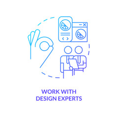 Work with design experts blue gradient concept icon. Sensory branding strategy abstract idea thin line illustration. Consultation. Social media. Isolated outline drawing. Myriad Pro-Bold font used