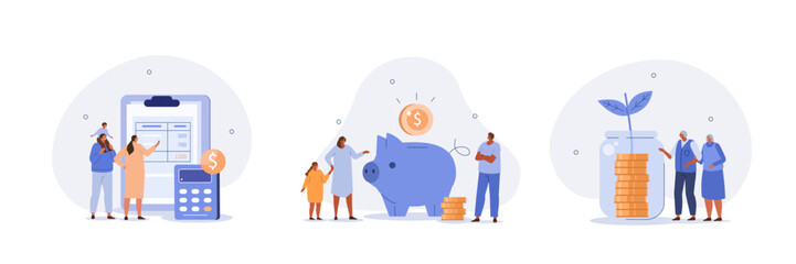 Family income set. Characters planning and bookkeeping budget and household spending. People making savings in piggy bank. Financial management concept. Vector illustration. - obrazy, fototapety, plakaty