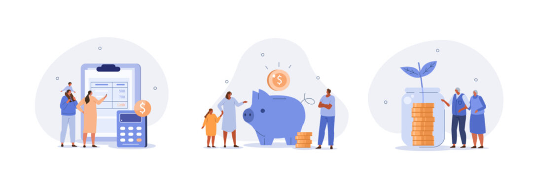 Family income set. Characters planning and bookkeeping budget and household spending. People making savings in piggy bank. Financial management concept. Vector illustration.