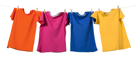 Colorful T-shirts hanging on a rope on a white background