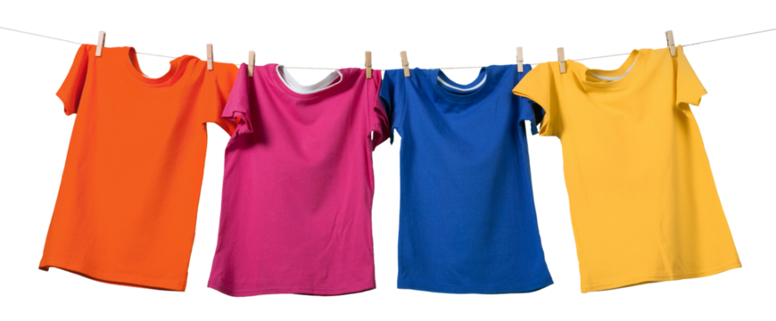 Colorful T-shirts hanging on a rope on a white background - Powered by Adobe