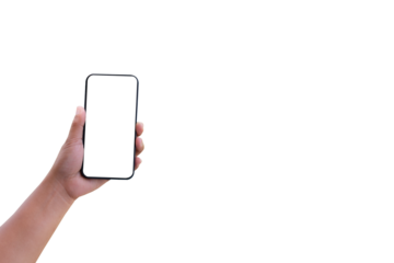 Hand holding smartphone with blank screen isolated on transparency background with clipping path. ideas design business concept