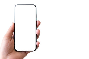 Hand holding smartphone with blank screen isolated on transparency background with clipping path. ideas design business technology concept.