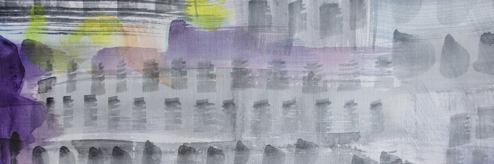 Contemporary painting texture for background. Downtown sleeping area gray building with windows. Laconic city landscape. Weathered cement texture and liquid watercolor brush strokes surface.