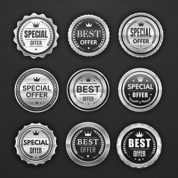 Best special offer silver badges and labels, ribbon stickers and price tags, vector. Premium sale and best offer silver medals, discount emblems and promotion badges with crown, stars and laurel
