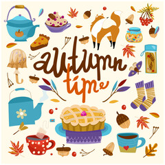 Autumn joys set with foxes, leaves, acorns, moths, socks, latte, dessert, pie, tea, kettle, teapot, mountain ash. Vector illustration. Background for fabric, wallpaper, design. Children's illustration