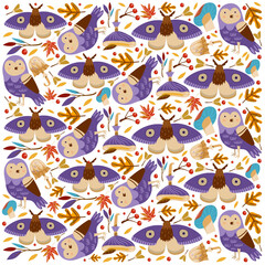 Autumn pattern with owls, leaves, mushrooms, moths. Vector illustration. Background for fabric, wallpaper, design. Children's illustration.
