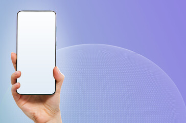 Digital template. Hand holding a smartphone with mock up. Light violet background with copy space....
