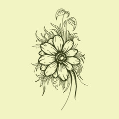 Graphical flower illustration. black flower, contour flower, bloom flower
