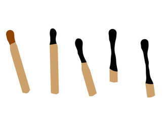 Burnt match. Set for lighting fire. New and charred wooden stick.