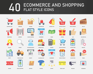 Ecommerce and Shopping flat icon collection, contains such icons  as commerce, shipping, delivery and online shopping. Simple web icons set.