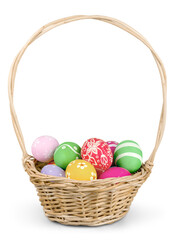 Easter basket filled with colorful eggs on a white background
