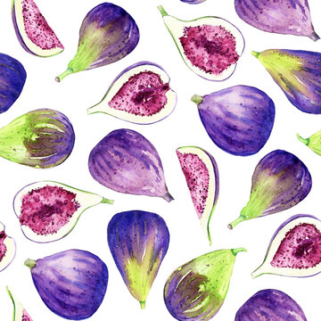 Watercolor figs in seamless pattern. Hand drawn illustration of edible purple fruits on white. Background for recipe, packaging, menu.