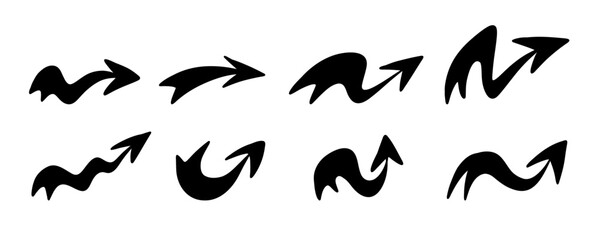 Marker doodle arrows set. Hand drawn brush arrow check mark underline. Vector freehand illustration on white background.