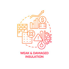 Weak and damaged insulation red gradient concept icon. Keep warm. Low power usage. High heating bill reason abstract idea thin line illustration. Isolated outline drawing. Myriad Pro-Bold font used