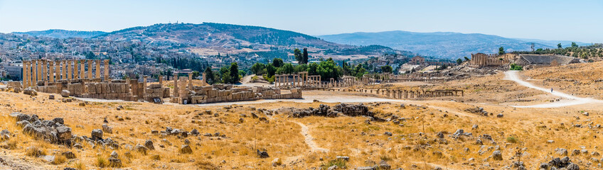 A panorama view along the eastern side of the ancient Roman settlement of Gerasa in Jerash, Jordan...