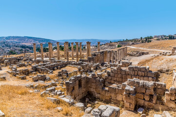 A view towards the Temple of Artemis in the ancient Roman settlement of Gerasa in Jerash, Jordan in summertime