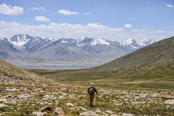 Fototapeta na wymiar Trekking into the Great Pamir Range of Afghanistan from the Belayrik Pass, Lake Zorkul, Tajikistan
