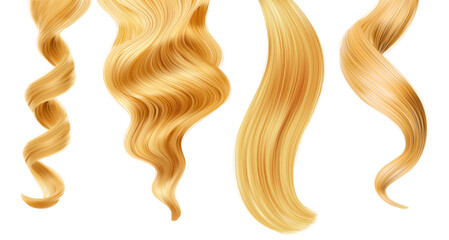Shiny blond woman hair strand, curl. Straight, curly ponytail hairstyle. Haircut, hair care and beauty salon vector 3d, realistic locks of long wavy blonde hair with smooth texture, shining surface - obrazy, fototapety, plakaty