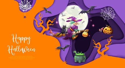 Halloween paper cut flying witch character, cartoon black cat on broomstick, pumpkins and moon, boiling in cauldron magic potion, bats and cobweb. Happy Halloween papercut vector background, banner