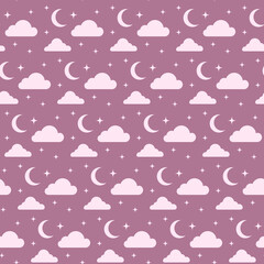 Seamless groovy kids pattern. Clouds, moon and retro stars in purple colors. Cute childish background for bedclothes or kids textile design