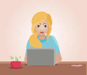 Vector illustration of a woman working remotely at home. a woman studies online on a computer. a woman buy online. a woman works on a computer.	