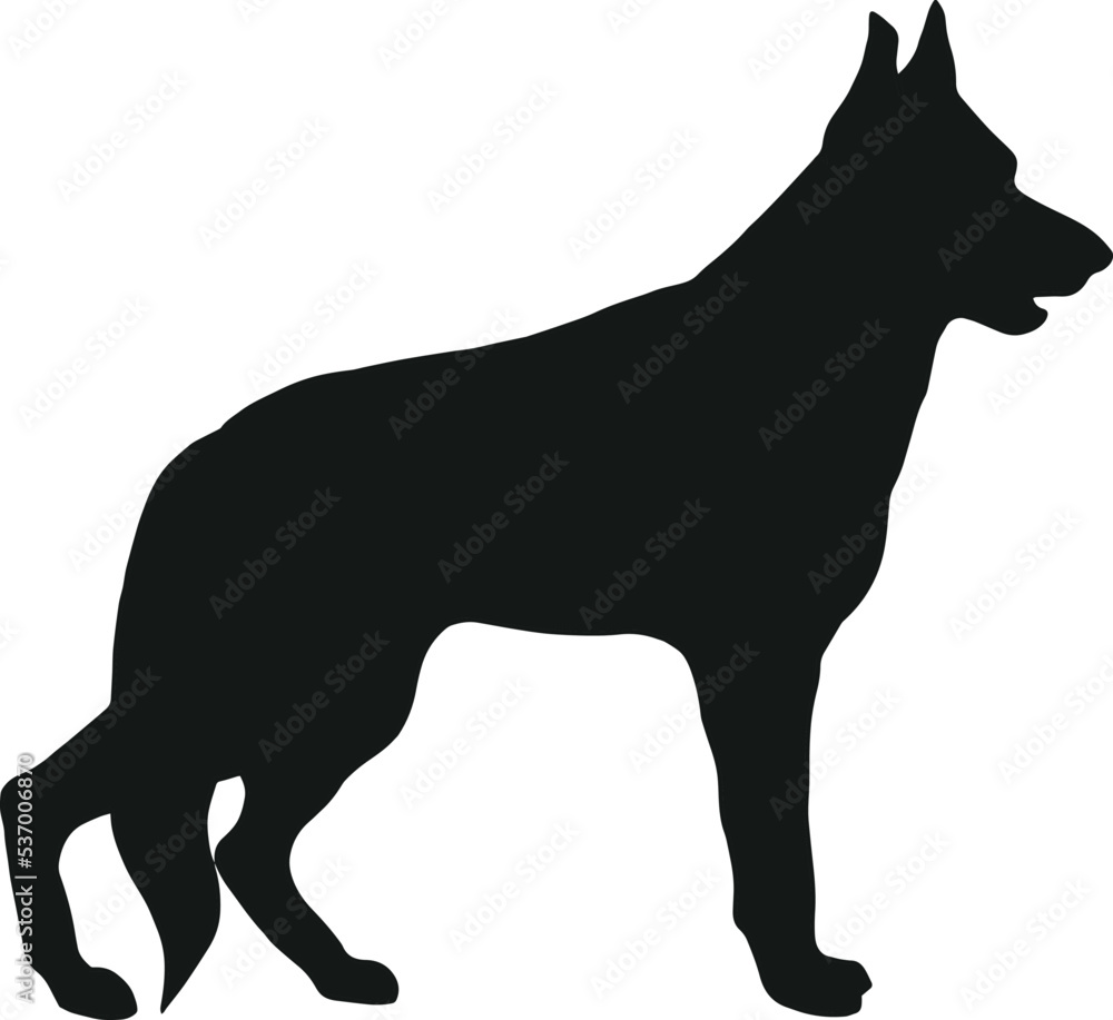 Wall mural german shepherd standing silhouette isolated on white background. black hand drawn vector art of a p