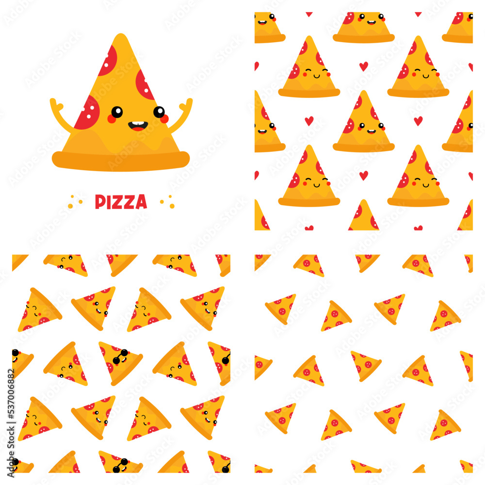 Wall mural cute cartoon style pizza slice character and set, collection of three pizza vector seamless pattern 