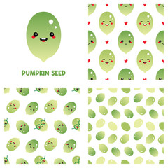 Fototapeta premium Cute cartoon style pumpkin seed character and set, collection of three pumpkin seeds vector seamless pattern backgrounds. 
