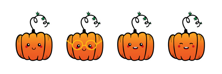 Set, collection of cute doodle style pumpkin characters for autumn, fall, thanksgiving design.