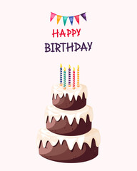 Happy birthday greeting card template with a birthday cake with candles.Vector illustration for a website,banner.The concept of congratulations.