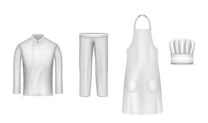 Chef uniform realistic. Culinary clothing white hat shirt apron pants set. Professional suit clothes