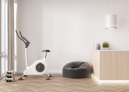 Modern room with fitness bike. Sport equipment in contemporary interior. Healthy lifestyle, sport, training at home concept. Stay fit. Home gym. 3D rendering.