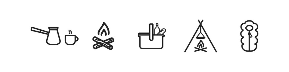Camping icon set. Adventure trip. Weekend, summer vacation concept.  Signs of coffee, campfire, picnic, sleep bag. Picnic, hiking symbols.