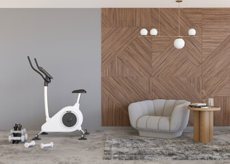 Modern room with fitness bike. Sport equipment in contemporary interior. Healthy lifestyle, sport, training at home concept. Stay fit. Home gym. 3D rendering.